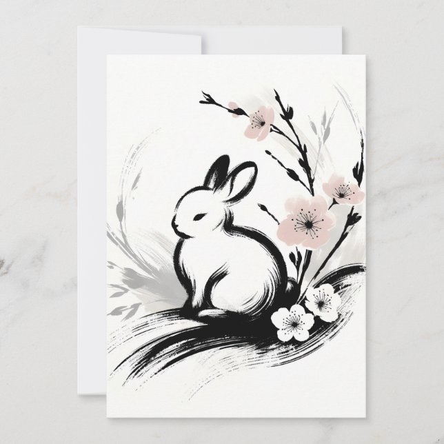 Minimalist Spring Zen Rabbit Cherry Blossoms Holiday Card (Front)
