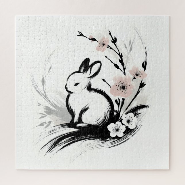 Minimalist Spring Zen Rabbit Cherry Blossoms Jigsaw Puzzle (Vertical)