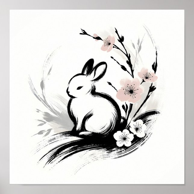 Minimalist Spring Zen Rabbit Cherry Blossoms Poster (Front)