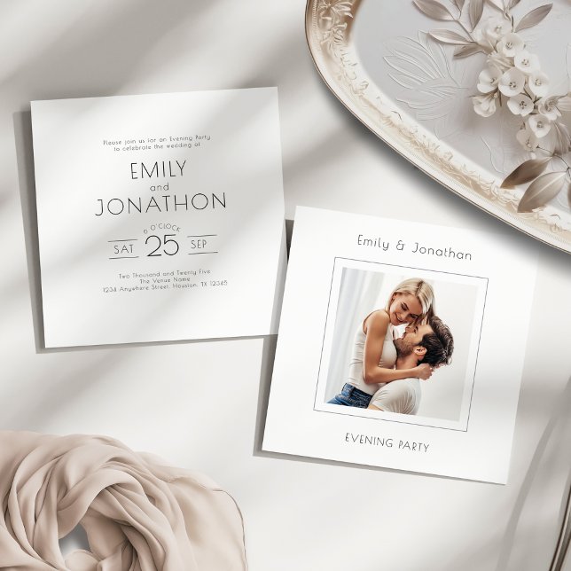 Minimalist Square Photo Wedding Evening Party Invitation (Front and back view)