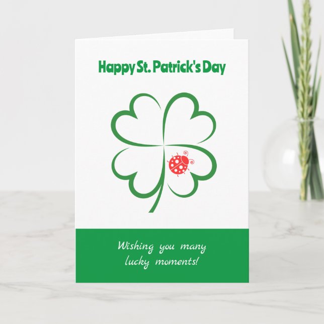 Minimalist St Patricks Day, 4 Leaf Clover, Ladybug Card (Front)
