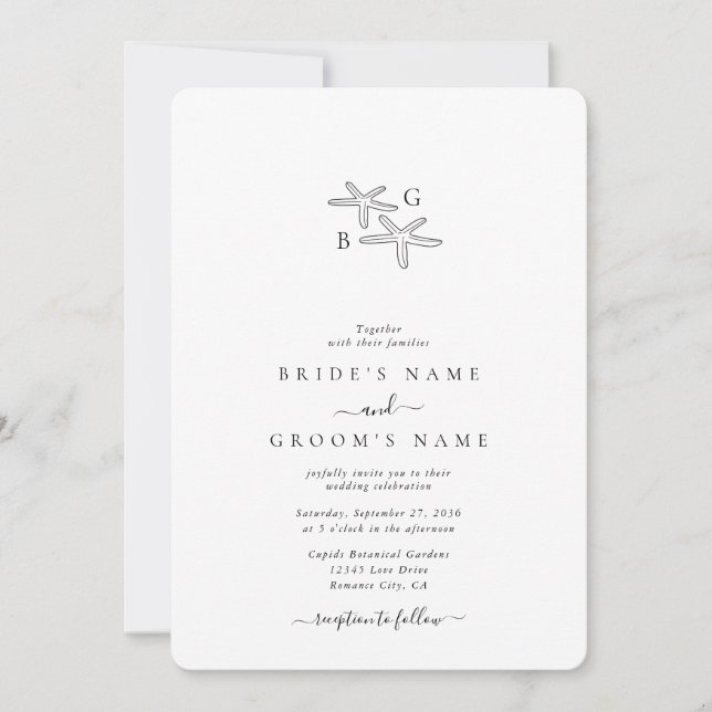 Minimalist Starfish Beach Monogram Wedding Invitation (Front)