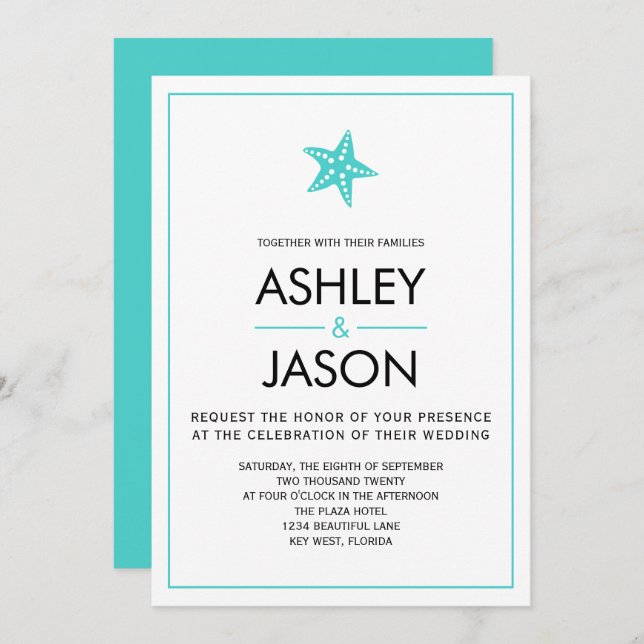 Minimalist Starfish Beach Wedding Invitation, Aqua Invitation (Front/Back)