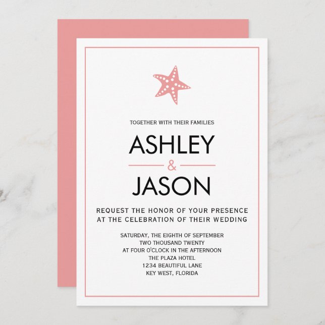 Minimalist Starfish Beach Wedding Invitation, Pink Invitation (Front/Back)
