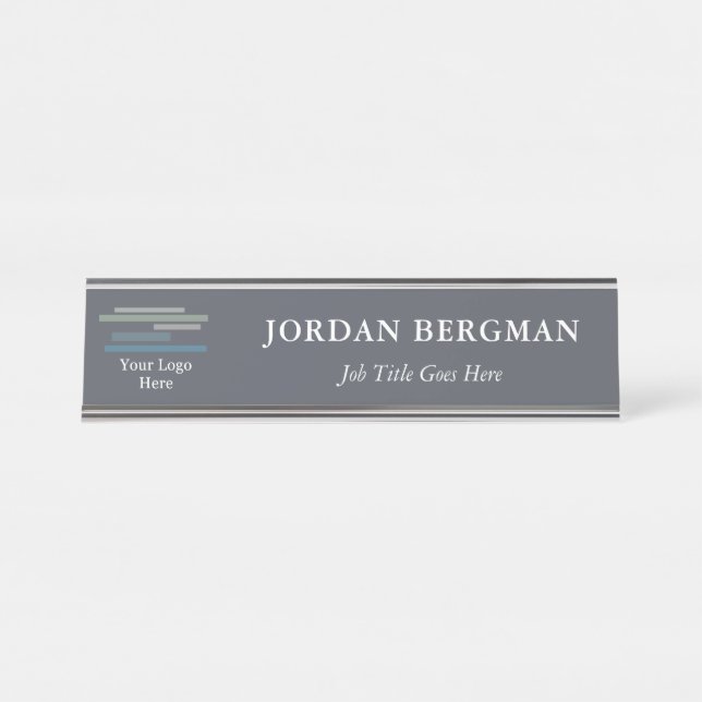 Minimalist Steel Grey Your Logo Name Title Desk Name Plate (Front)