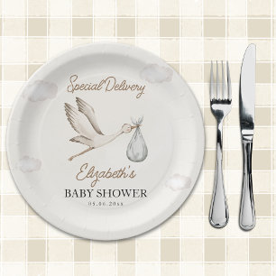 Minimalist Stork-Themed Baby Shower Neutral Paper Plate