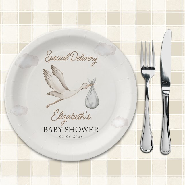 Minimalist Stork-Themed Baby Shower Neutral Paper Plate (Creator Uploaded)