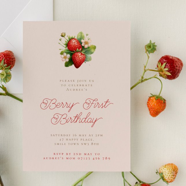 Minimalist Strawberries Berry First Birthday Party Invitation (Creator Uploaded)