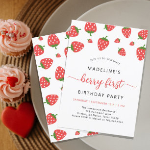 Minimalist Strawberry Berry 1st Birthday Party Invitation
