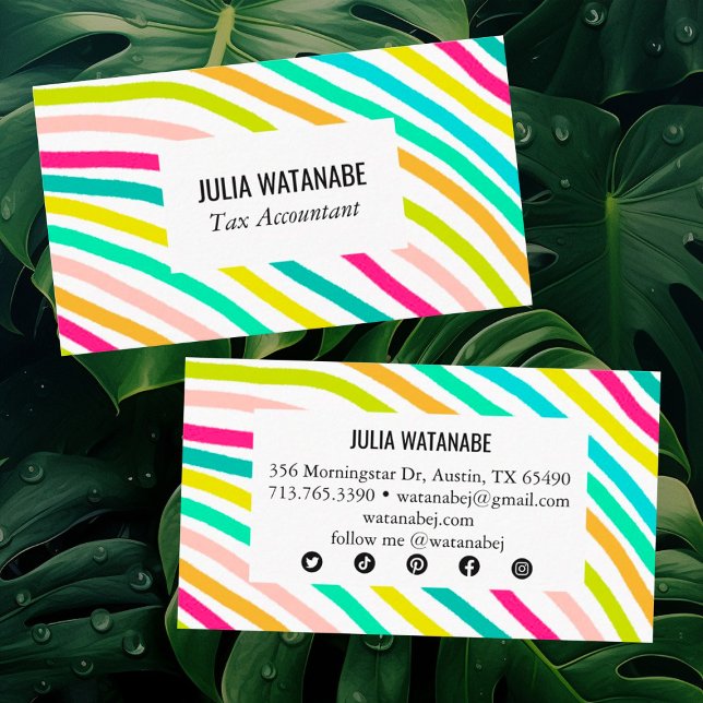Minimalist Stripes Handmade Lines SocialMedia Icon Business Card (Colorful stripes decorate this custom business card. Add your own text and edit the social icons too)