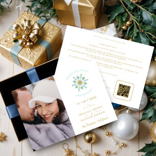 Minimalist Stylish Gold & Blue Snowflake Photo Save The Date