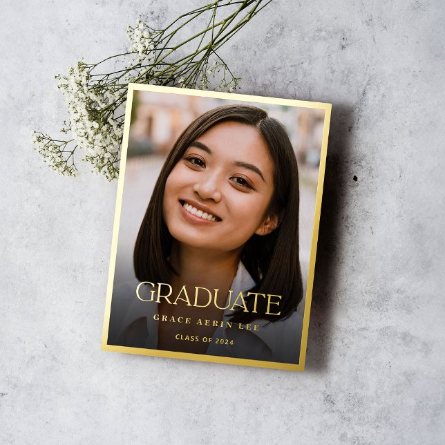 Minimalist Stylish Gold Photo Graduation Party Foil Invitation Postcard (Creator Uploaded)