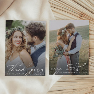 Minimalist Stylish Script 2 Photo Wedding Thank You Card