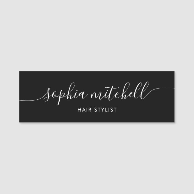 Minimalist Stylish Script Black Name Tag (Front)