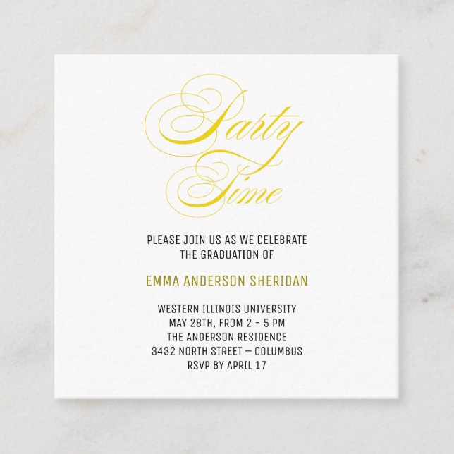 Minimalist Stylish Script Gold Grad Party Enclosure Card (Front)