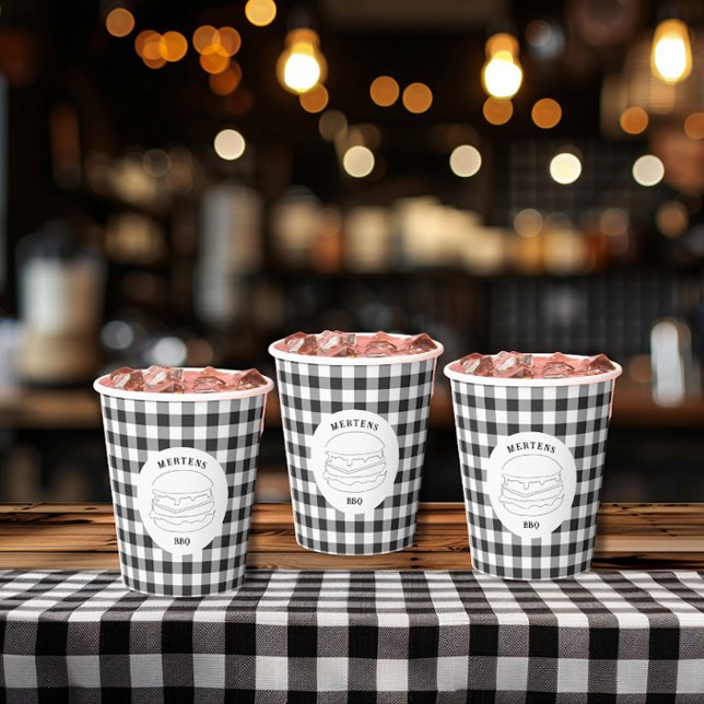 Minimalist Summer BBQ Black White Buffalo Plaid Paper Cups (Creator Uploaded)
