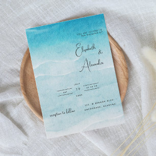 Minimalist Summer Blue Ocean Beach Wedding Invitation