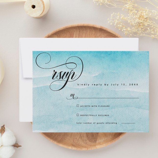 Minimalist Summer Blue Ocean Beach Wedding RSVP Card (Creator Uploaded)