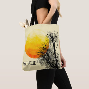 Minimalist Sun and Birds Watercolor Personalised Tote Bag