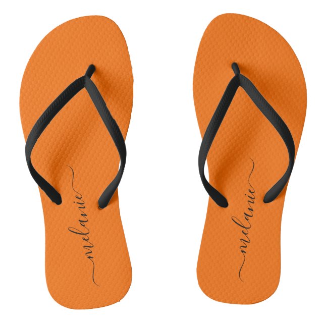 Minimalist Sunburst Orange Custom Script Name Thongs (Footbed)