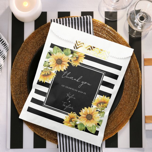 Minimalist Sunflower Black White Stripe Wedding Favour Bag (Creator Uploaded)