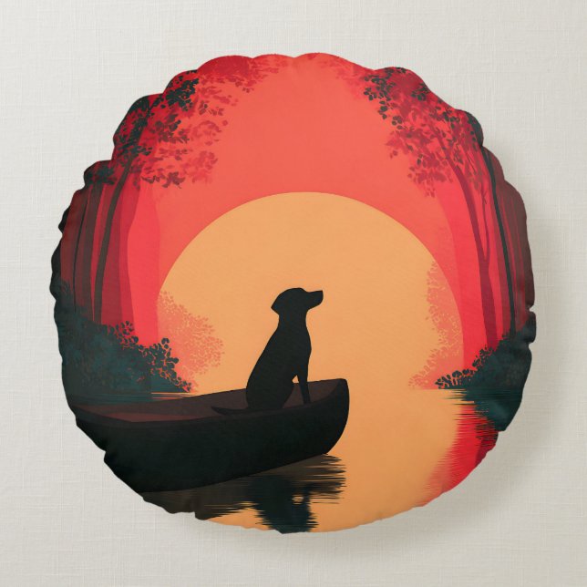 Minimalist Sunset Black Labrador Dog Round Cushion (Front)