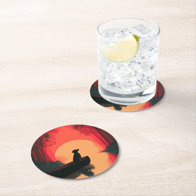 Minimalist Sunset Black Labrador Dog Round Paper Coaster (Insitu)