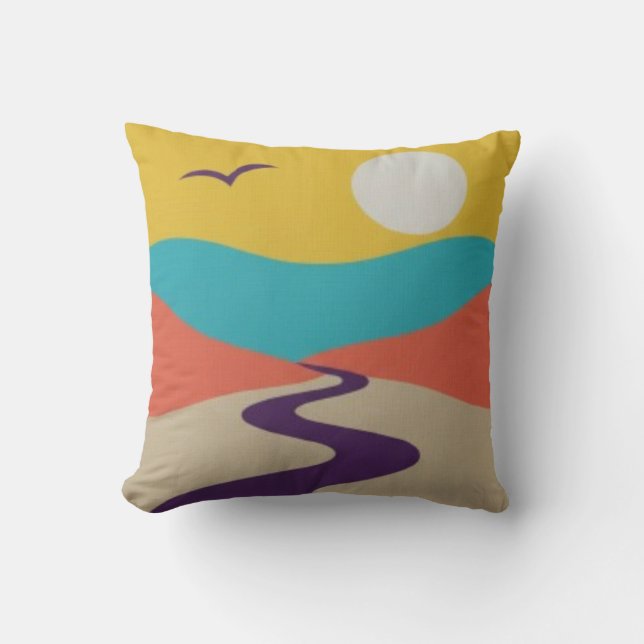 Minimalist Sunset Landscape with River and Bird Cushion (Front)