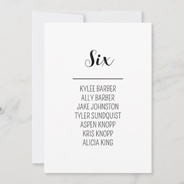 Minimalist Table Number 6 Seating Chart (Front)