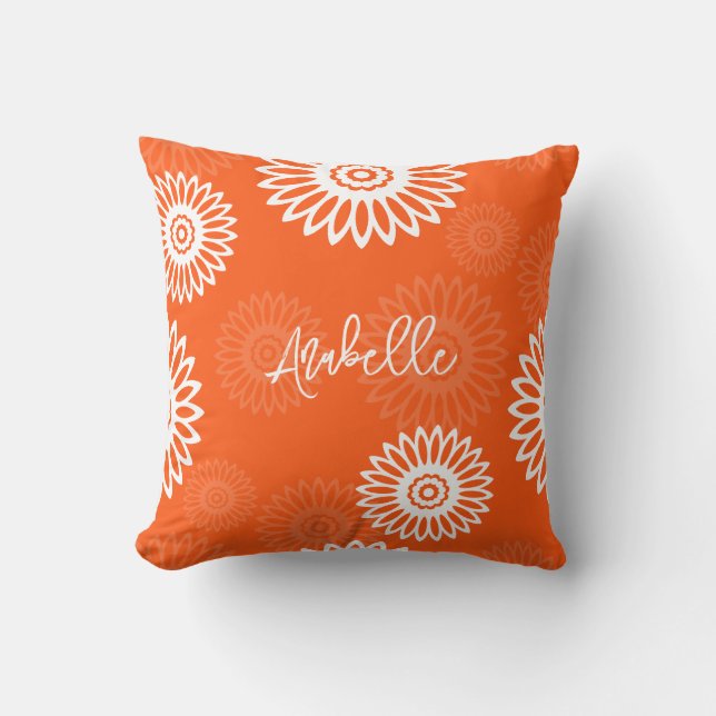 Minimalist tangerine orange daisy floral Name  Cushion (Front)