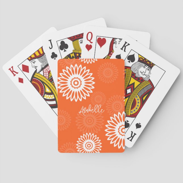 Minimalist tangerine orange daisy floral Name  Playing Cards (Back)
