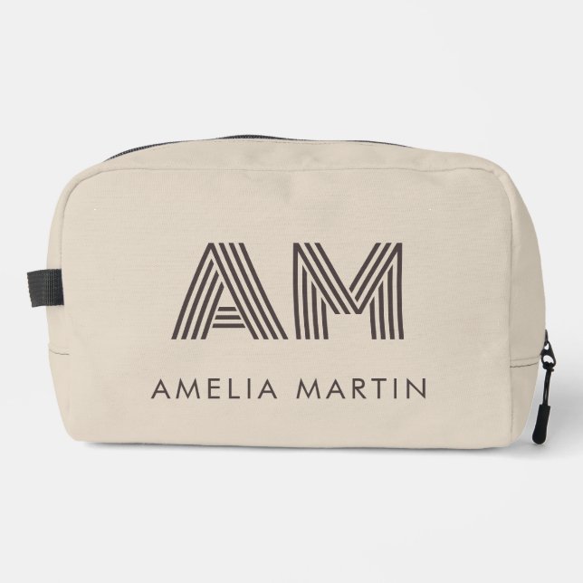 Minimalist Taupe Beige Geometric Custom Monogram Dopp Kit (Front)