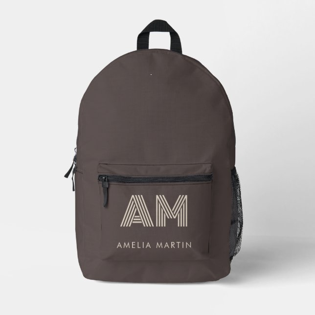 Minimalist Taupe Beige Geometric Custom Monogram Printed Backpack (Front)