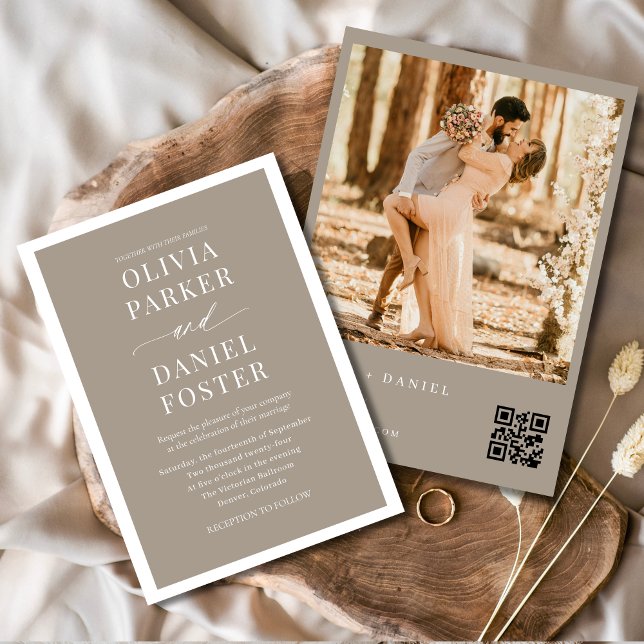 Minimalist Taupe Boho QR Code Photo Wedding Invitation (Creator Uploaded)