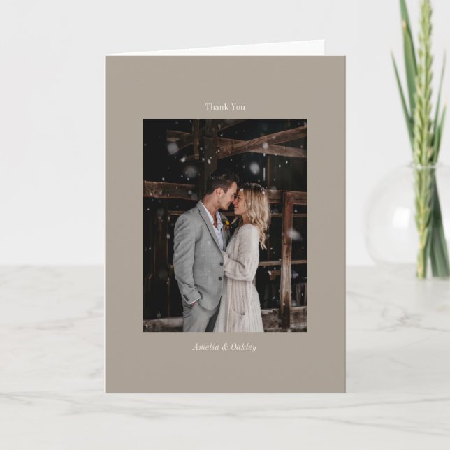 Minimalist Taupe Elegant Wedding Custom Photo Thank You Card (Front)