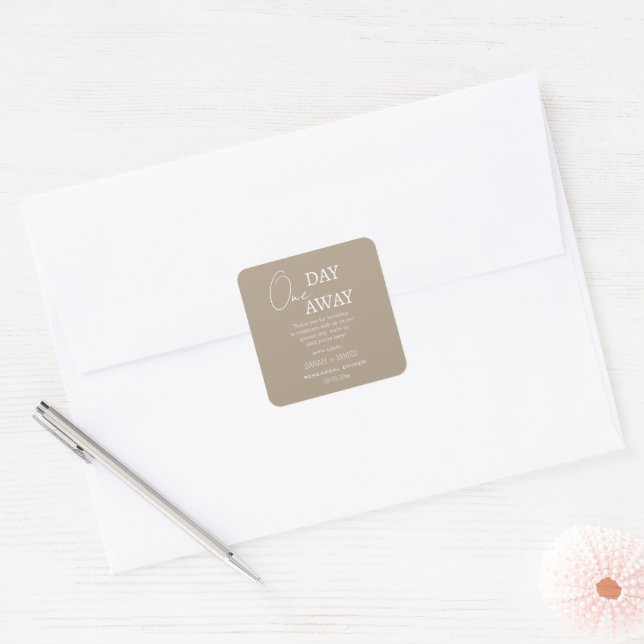 Minimalist Taupe One Day Away Wedding Thank You Square Sticker (Envelope)