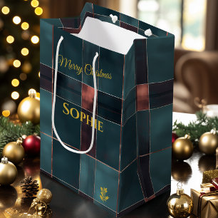 Minimalist Teal and Burgundy Plaid Christmas Medium Gift Bag
