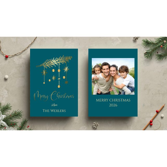 Minimalist Teal and Gold Photo Christmas Holiday Card (Creator Uploaded)