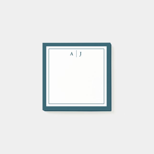 Minimalist Teal Blue Two Border Monogram Post-it Notes (Front)