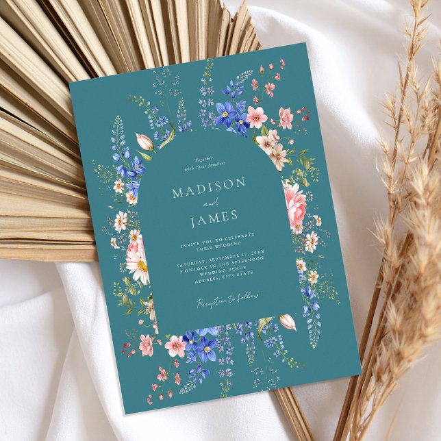Minimalist Teal Boho Wildflower Wedding Invitation (Creator Uploaded)