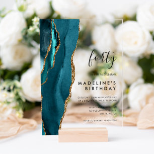 Minimalist Teal Gold Agate Geode 40th Birthday Acrylic Invitations