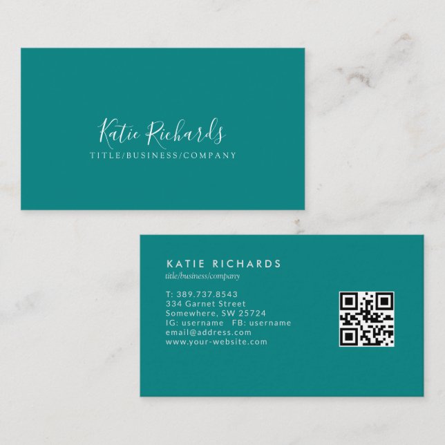 Minimalist Teal Green QR Code Business Card (Front/Back)