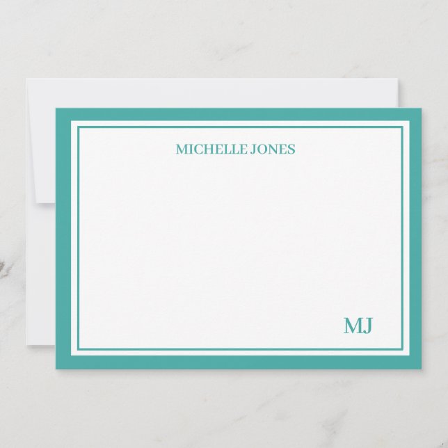 Minimalist Teal Name and Initials Flat Note Card (Front)