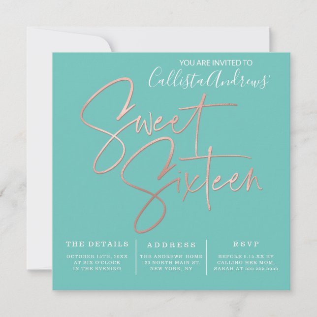 Minimalist Teal Rose Gold Typography Sweet 16 Invitation (Front)