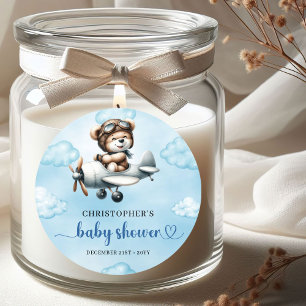 Minimalist Teddy Bear Pilot Airplane Blue Brown  Classic Round Sticker