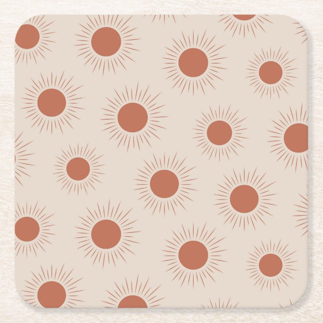 Minimalist Terracotta Abstract Boho sun pattern Square Paper Coaster (Front)