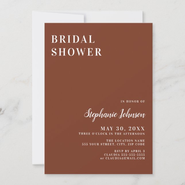 Minimalist Terracotta and White Bridal Shower   Invitation (Front)