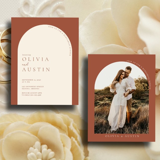 Minimalist Terracotta Arch Photo Rehearsal Dinner Invitation (Creator Uploaded)