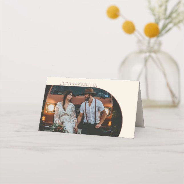 Minimalist Terracotta Arch Photo Wedding Guest  Place Card (Back)