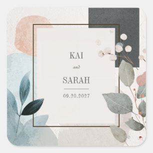 Minimalist Terracotta Blue Geometric Leaf Wedding Square Sticker